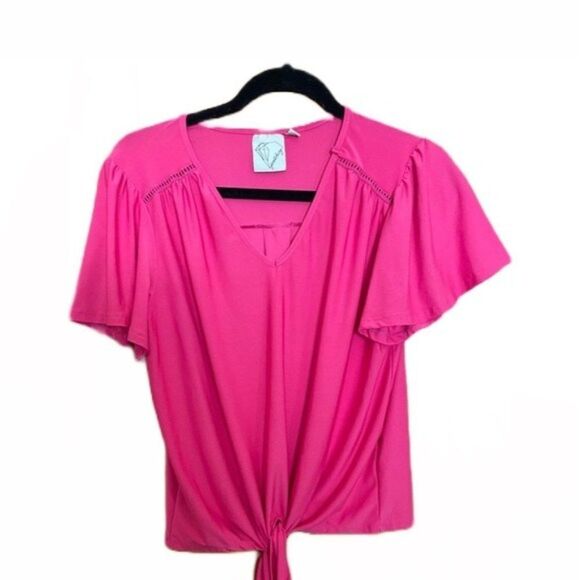 Tops - Pink Satin Butterfly Sleeve V-Neck Bow Knot Waist Blouse - Size L